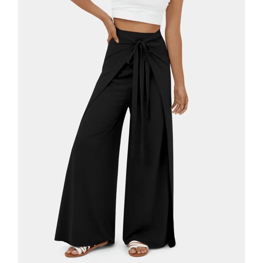 Halara High Waisted Lace Up Split Hem Palazzo Wide Leg Flowy Pants Black Large